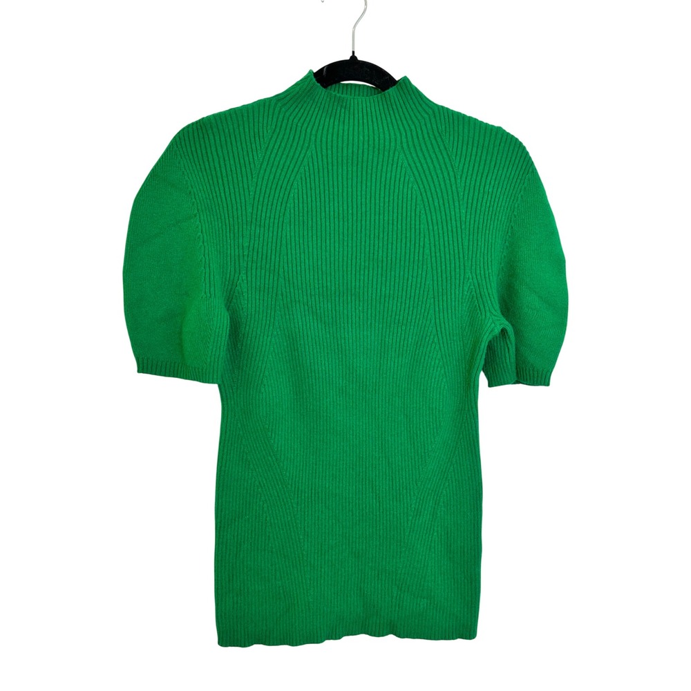 Maeve Anthropologie Ribbed Mock Neck Knit Sweater Size L Kelly Green Puff Sleeve